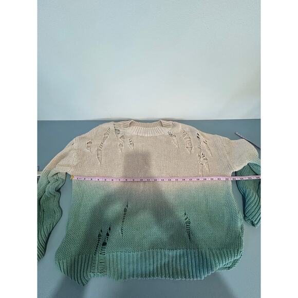 Fate Anthropologie distressed sweater size S cotton ombre tan turquoise crew - Picture 6 of 7